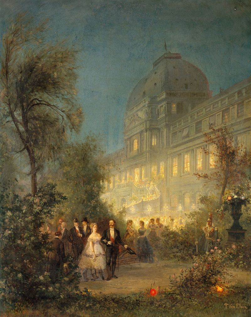 Fête de nuit aux Tuileries, oil painting by Pierre Tetar van Elven depicting a lively night celebration.
