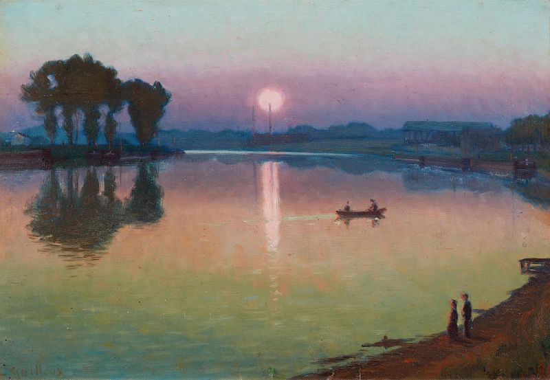 Dusk on a Lake, oil on canvas by Charles Guilloux, depicting a serene twilight landscape over water.