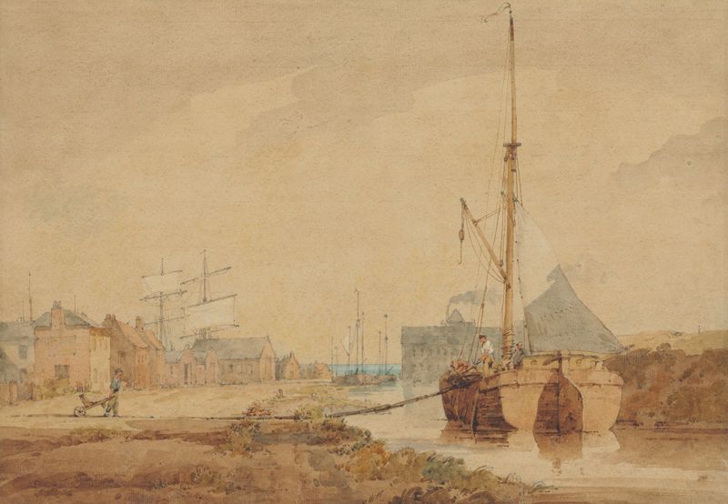 A barge on a canal, Norfolk by John Thirtle, Impressionism, depicting a serene canal landscape.
