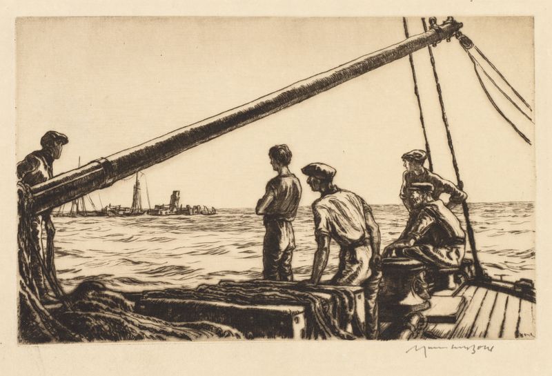 Salvage Men Approaching a Torpedoed Ship de Muirhead Bone, expressionismo, cena marinha