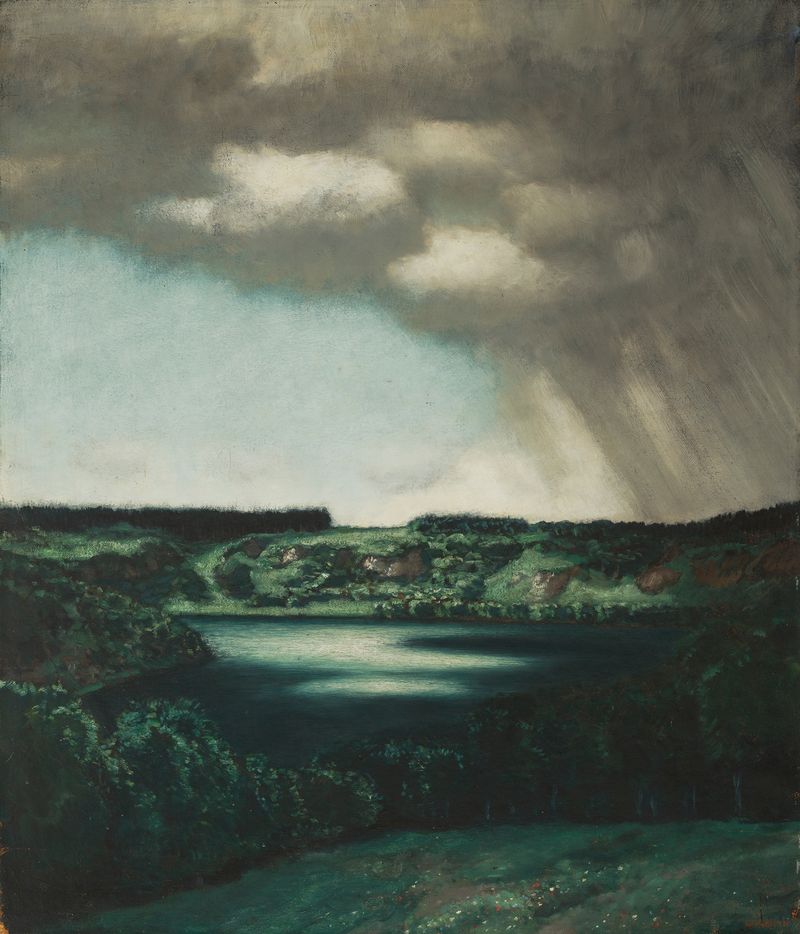 Landscape oil painting by Hermann Urban depicting a rain-soaked scene.