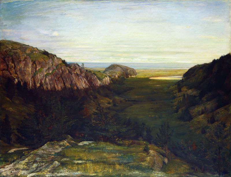 The Last Valley – Paradise Rocks, oil on canvas by John La Farge, depicting a lush valley with a winding river.
