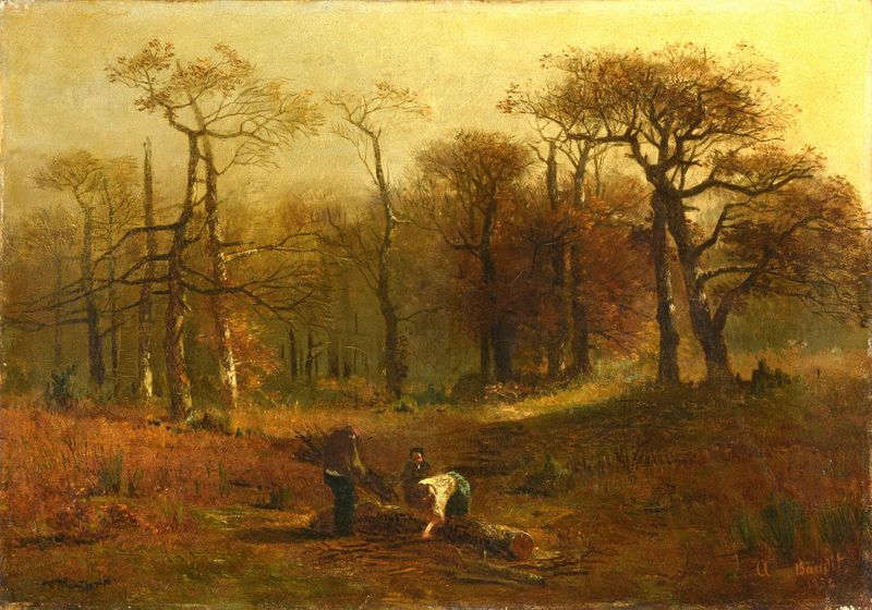 Woodland landscape oil painting by Jean Amédée Baudit, featuring light and shadow interplay.