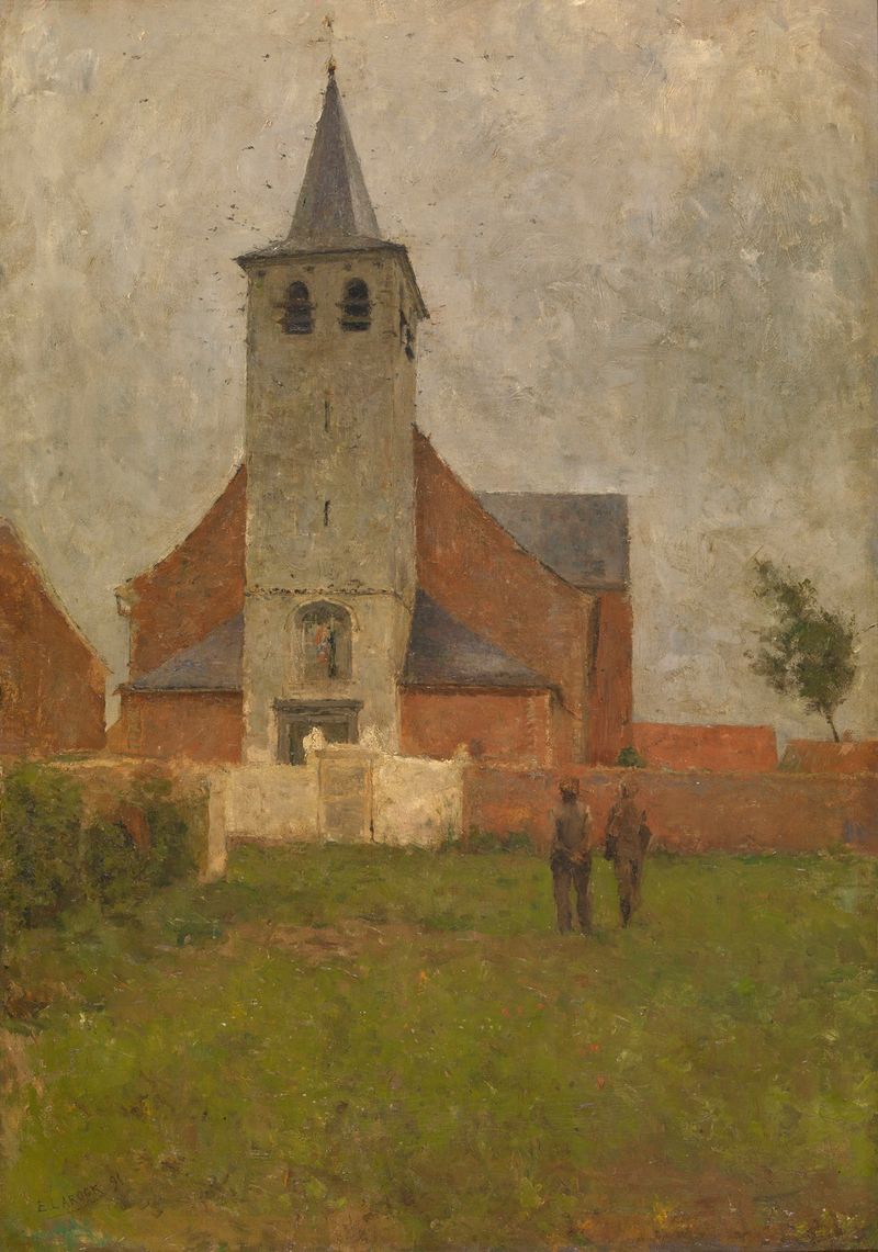 Igreja em Kapelle-op-den-Bos de Evert Larock, realismo, retratando uma igreja com nuvens e luz.