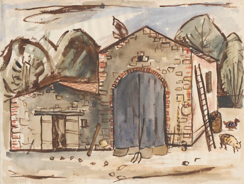 Escena interior con una figura en un establo, óleo sobre lienzo de Tadeusz Makowski