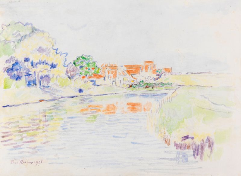 Paisaje de canal con vegetación y techos rojos, óleo sobre lienzo de Paul Baum
