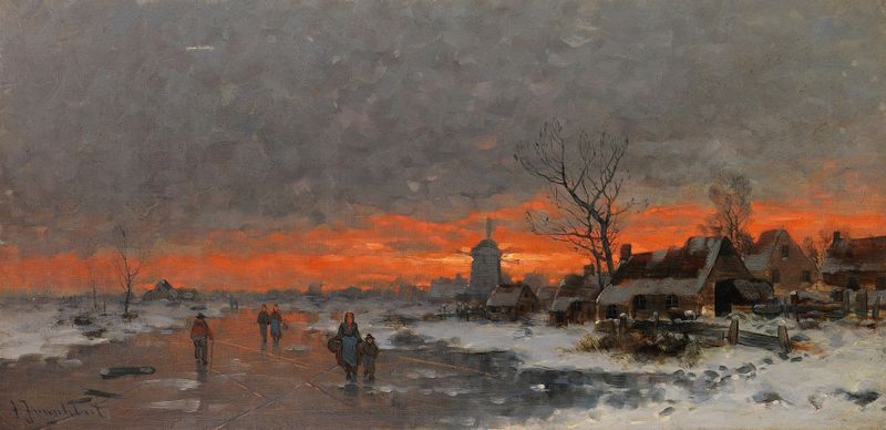 Winterlandschaft mit Dorfsilhouette im Abendrot by Johann Jungblut, oil painting depicting a twilight landscape.