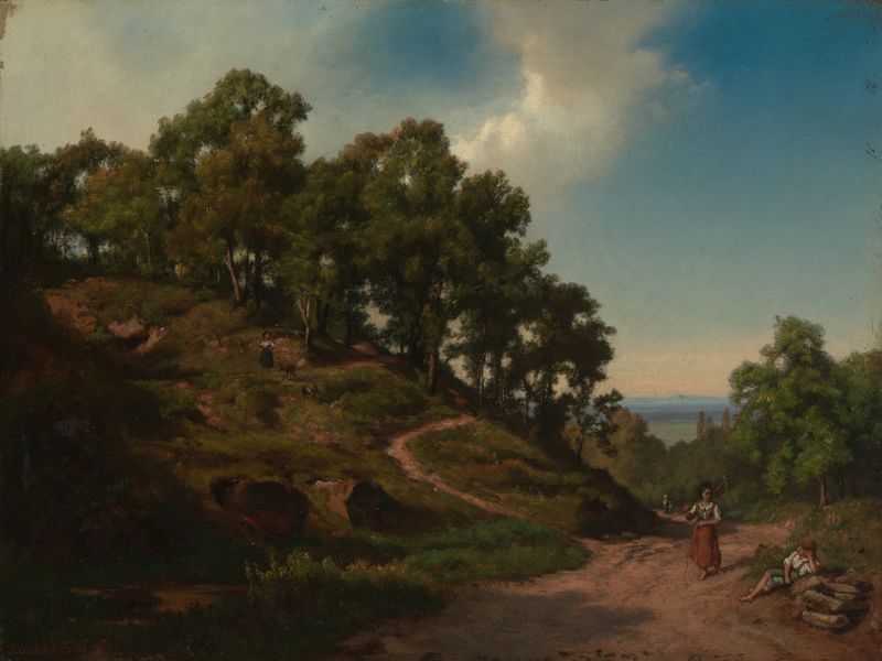 Italienische Landschaft by Bernhard Fries, oil on canvas depicting gentle hills and golden light.