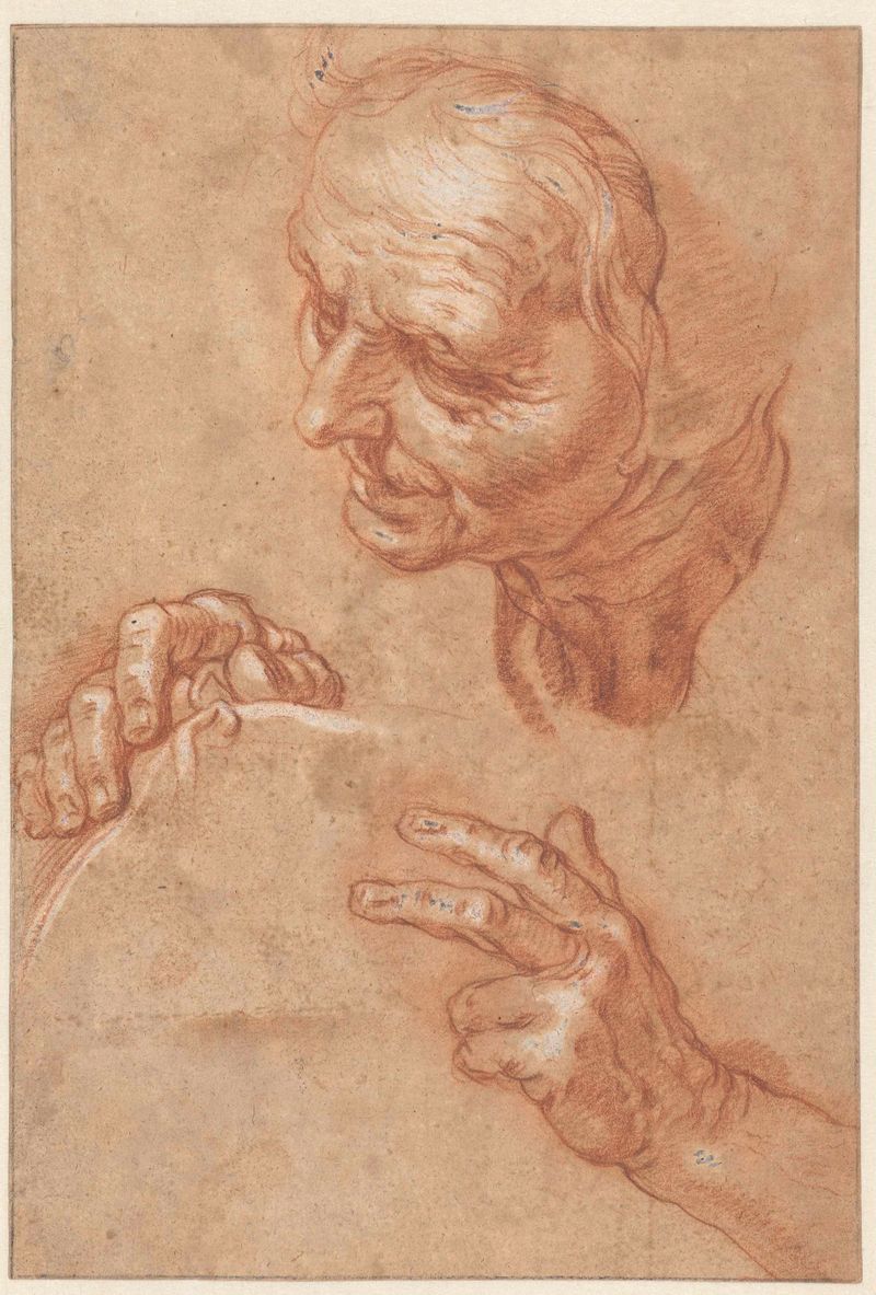 Drawing of an old woman and two hands by Abraham Bloemaert, paper