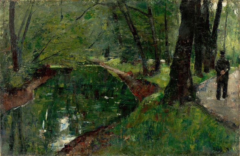 Pintura al óleo de Lesser Ury que representa un paisaje de lago con árboles y reflejos al atardecer