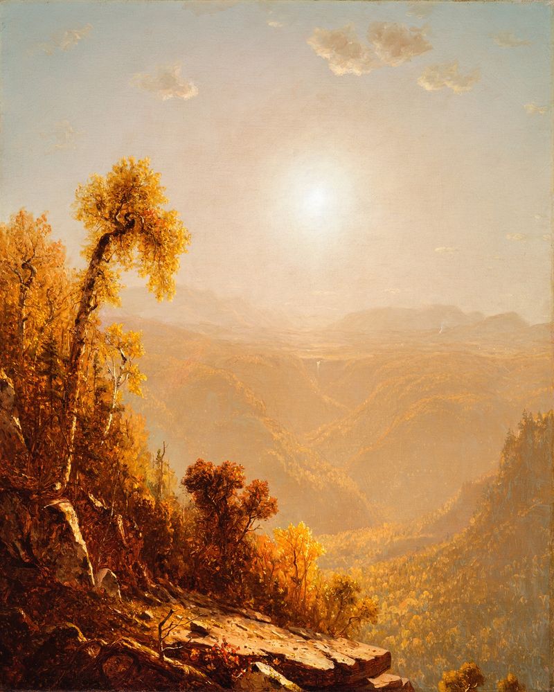 October in the Catskills, oil on canvas by Sanford Robinson Gifford, featuring autumn trees and mountains.