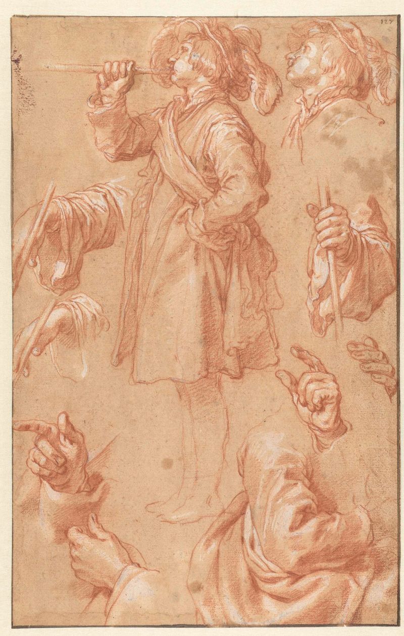 Drawing by Abraham Bloemaert of a standing trumpeter and studies of hands, paper