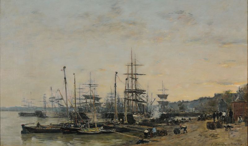 Escena marina con barcos y reflejos, pintura al óleo de Eugène Boudin