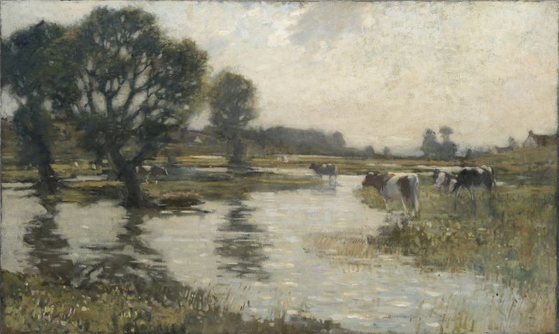Impressionist landscape by Bertram Priestman depicting a flooded meadow with reflections, oil painting.
