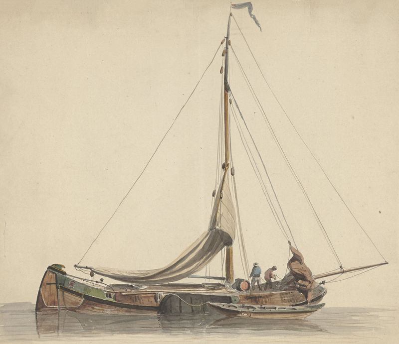 Dois homens trabalhando em um barco de fundo plano, óleo sobre tela de Adrianus Eversen