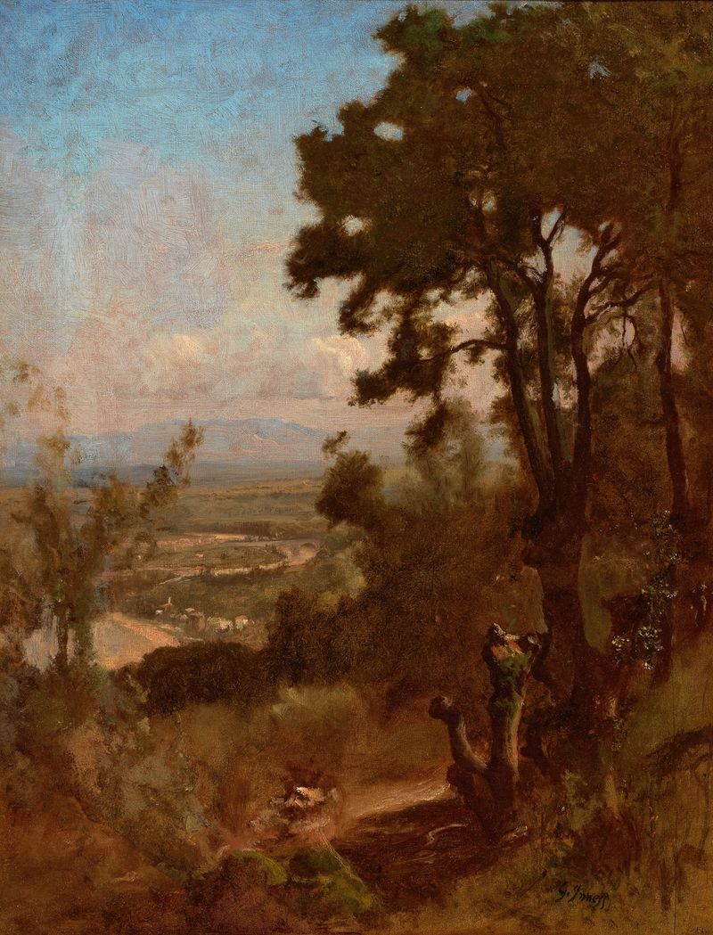 Paisagem de um vale tranquilo com colinas, óleo sobre tela de George Inness