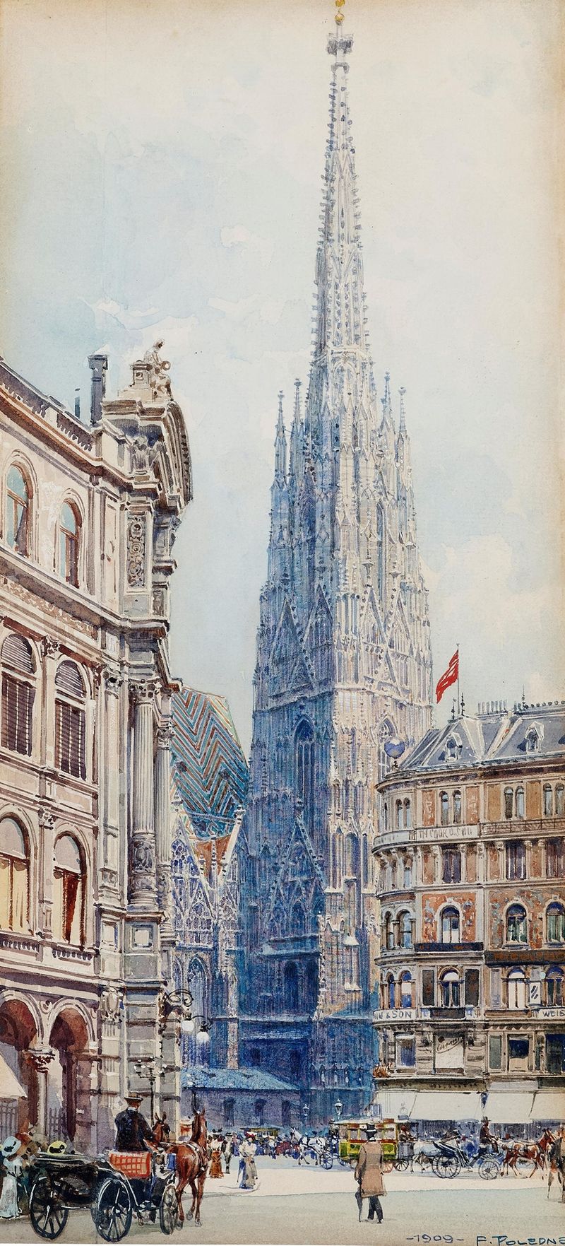 Impressionist genre scene by Franz Poledne, depicting a cityscape with St. Stephen’s cathedral.