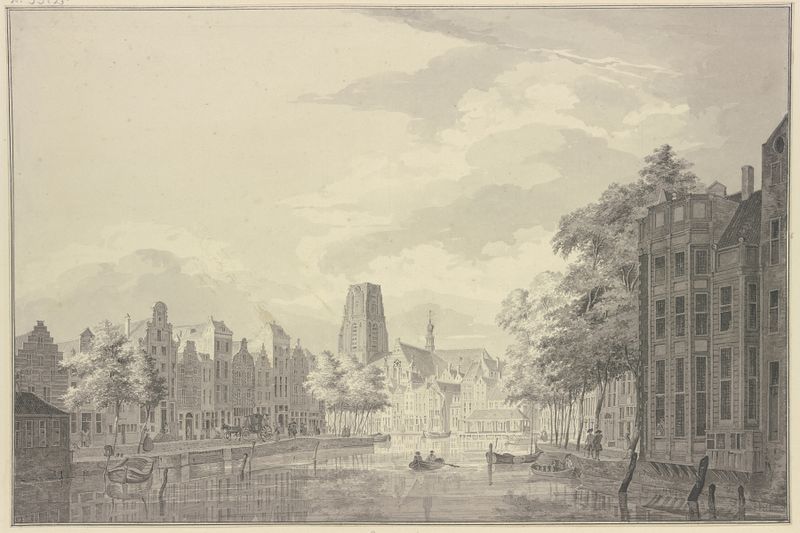 Paisagem urbana de Rotterdam por Paulus van Liender, óleo sobre tela, com um pôr do sol e uma torre proeminente.