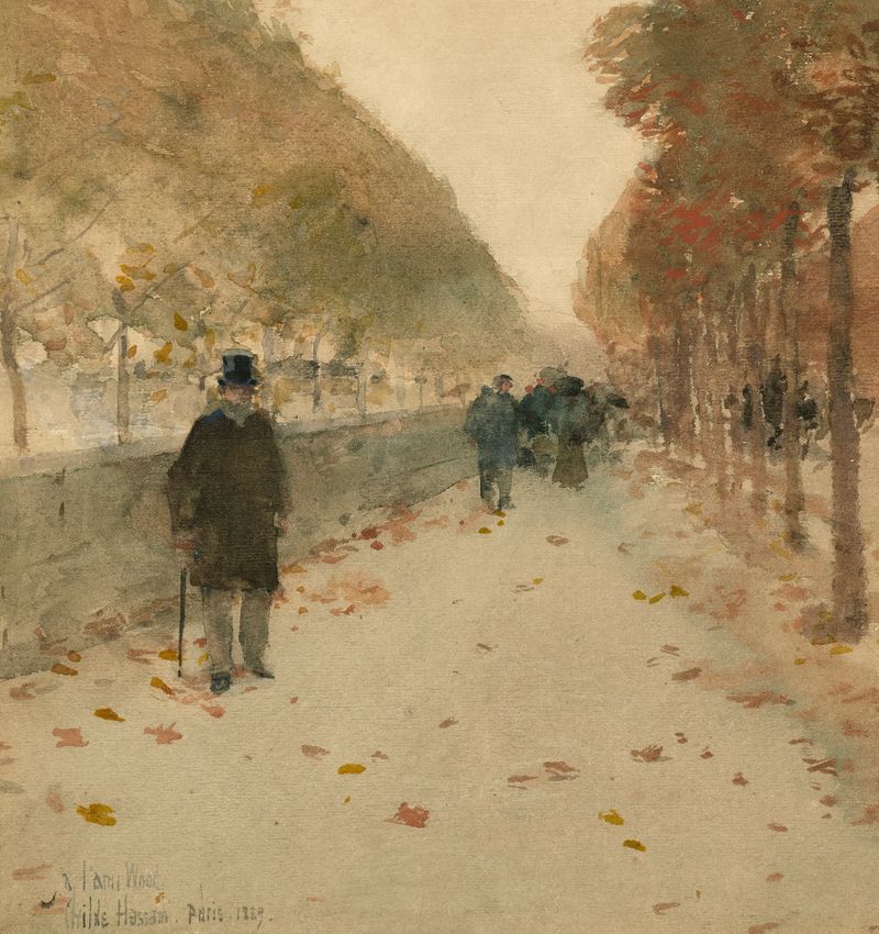 Quai du Louvre de Childe Hassam, impressionismo, figuras ao longo do Sena com luz solar salpicada.
