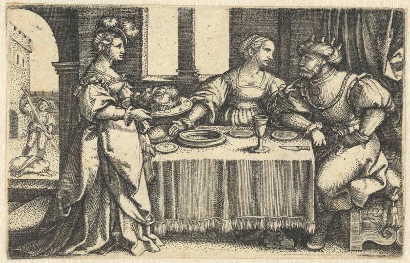 Grabado de Georg Pencz que muestra a Salome sosteniendo la cabeza de Juan el Bautista.
