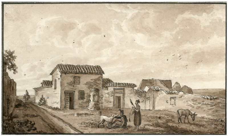 Paisaje con una casa de campo entre colinas de Otto Howen, pintura al óleo
