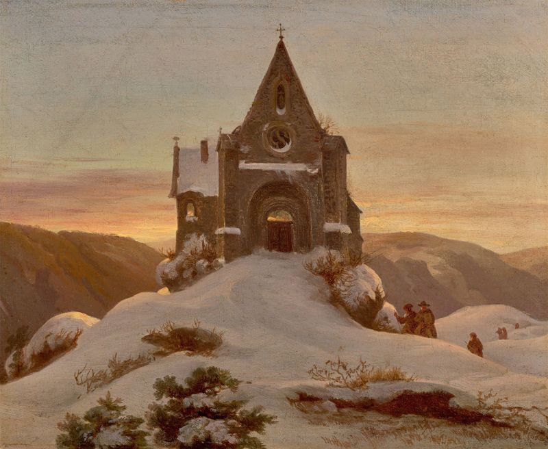 Mountain chapel in Winter by Ernst Ferdinand Oehme, oil painting depicting a snowy landscape.