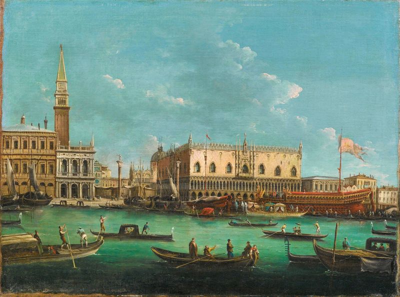 The Bucintoro at the Molo, Venice, on Ascension Day, oil painting by Giuseppe Bernardino Bison