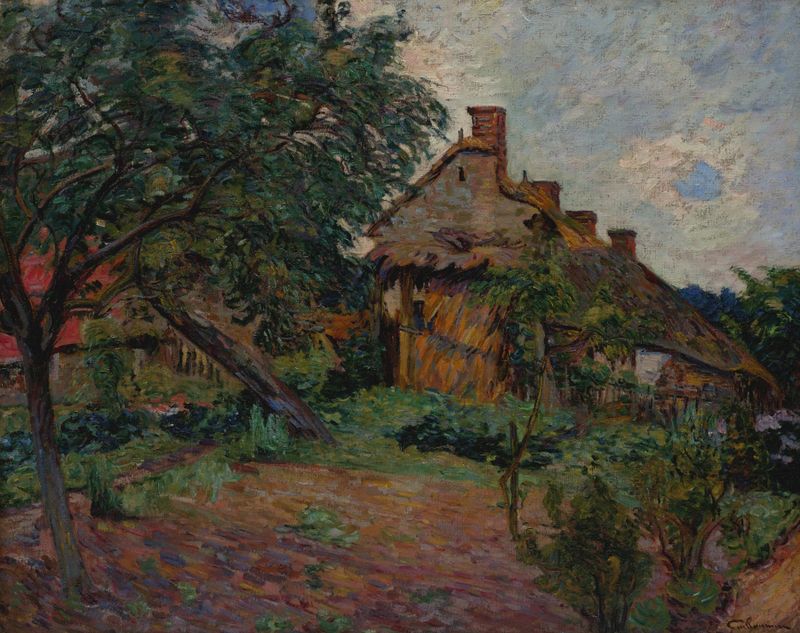 Village de l’Île de France de Armand Guillaumin, pintura a óleo que retrata uma paisagem serena com árvores e luz do sol.