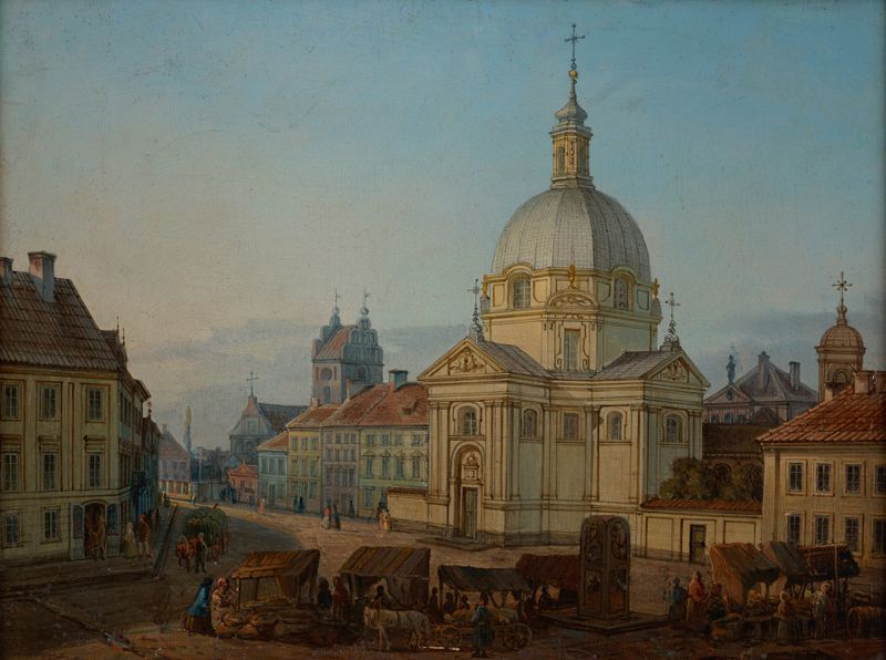 Architecture scene featuring a church by Jan Seydlitz, oil painting