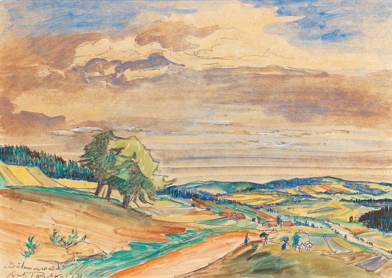 Landscape featuring rolling hills and trees, oil painting by Anton Emanuel Peschka