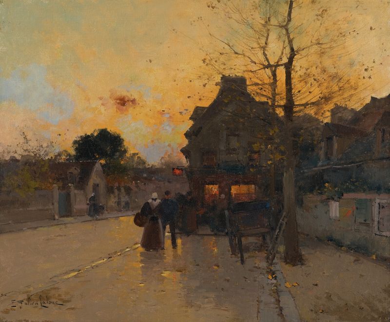 Cena de vila ao crepúsculo com cottages e folhas de outono, óleo de Eugène Galien-Laloue