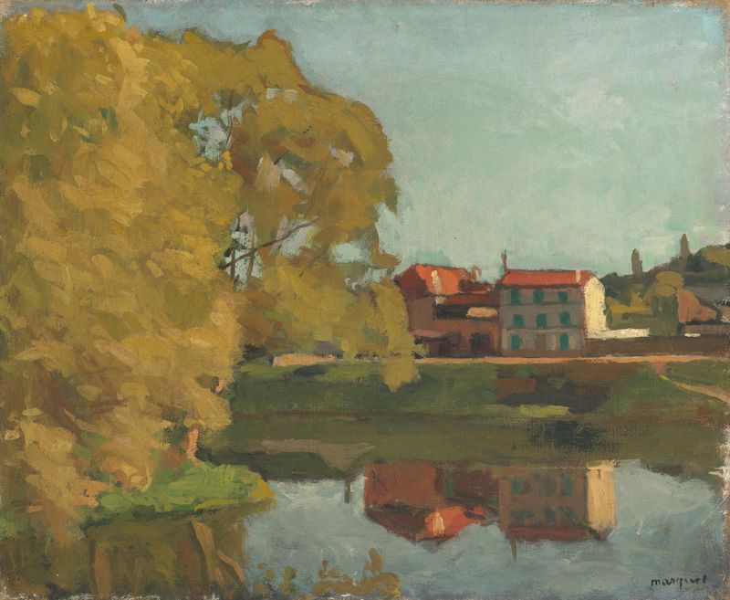 Paisaje fauvista de Albert Marquet, con casas coloridas y cielo azul.