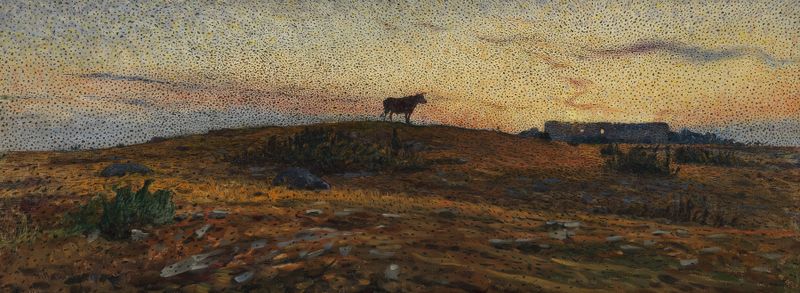 Öland Heath at Sunset, pintura a óleo de Nils Kreuger, retratando um pôr do sol sobre uma heath.