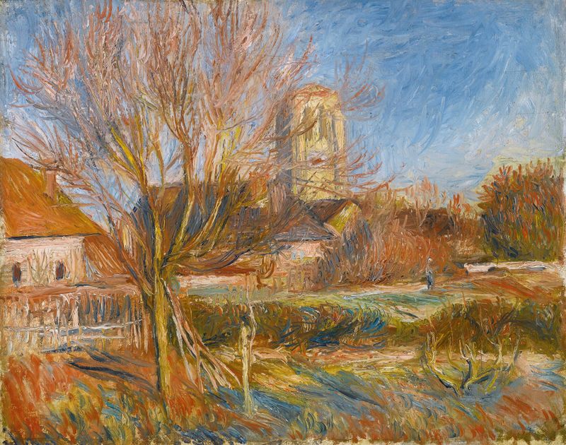 L’église À Essoyes, óleo sobre lienzo de Pierre-Auguste Renoir, muestra una escena de pueblo tranquila con luz suave.