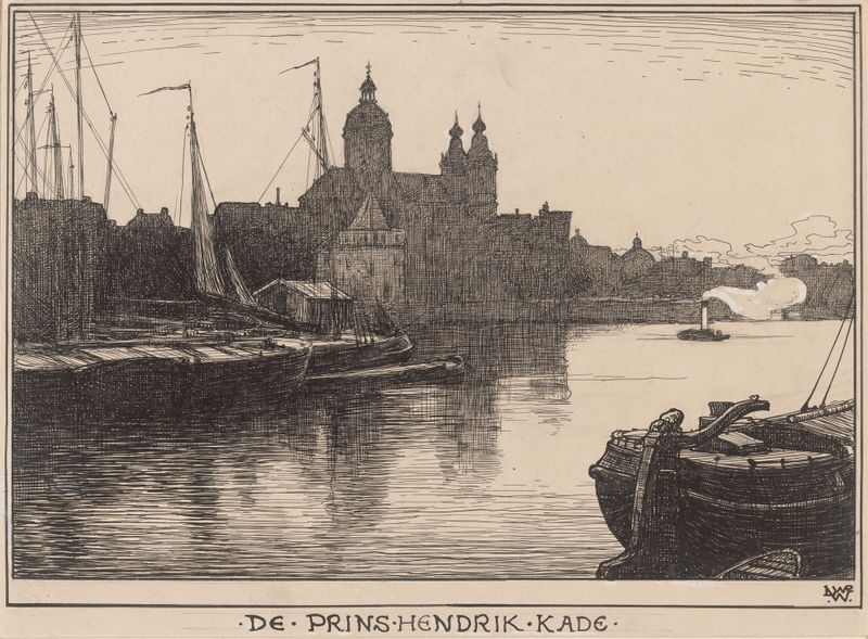 Paisagem de um canal ao crepúsculo por Willem Wenckebach, pintura a óleo