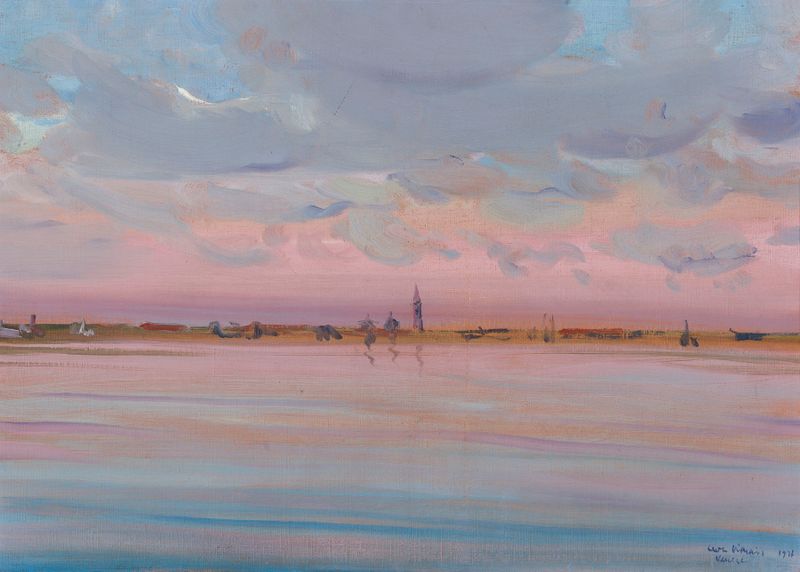 Paisaje de aguas tranquilas y tonos crepusculares de Leon Kamir-Kaufmann, pintura al óleo