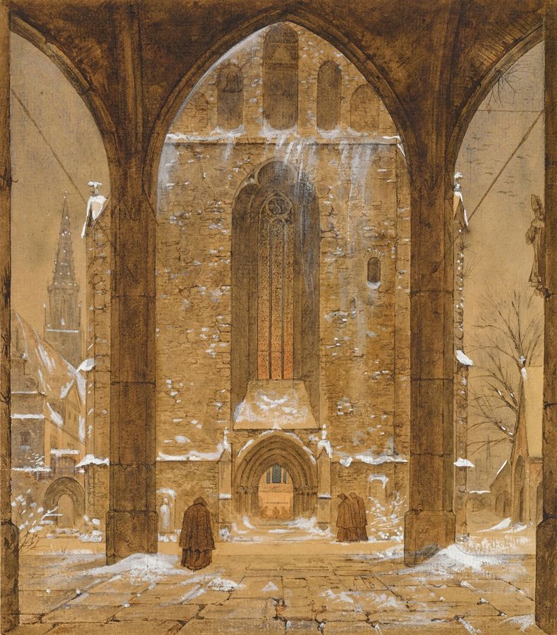 Winter landscape oil painting by Ernst Ferdinand Oehme featuring a cloister and snow.