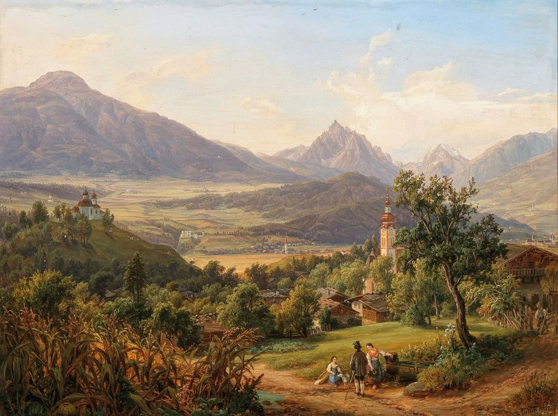 Landscape depicting Dorf Arzl and Kalvarienberg by Anton Schiffer, oil painting