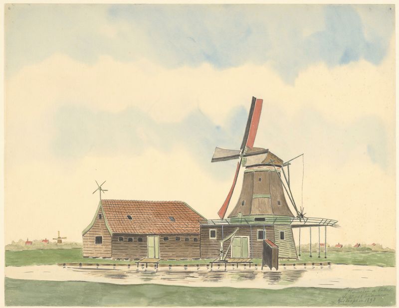 Pintura de paisaje de Johannes Nicolaas Eijman con un molino de aceite y nubes
