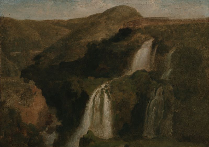 Falls of Tivoli de Jean-Baptiste-Camille Corot, pintura al óleo que representa una cascada y un río.