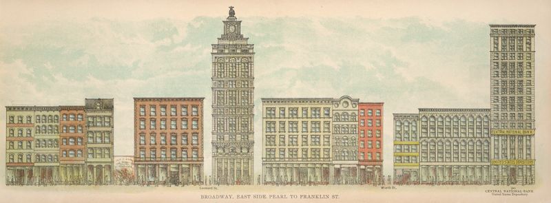 Genre scene depicting Broadway in 1899 by Mail & Express, showcasing bustling figures and gaslight.