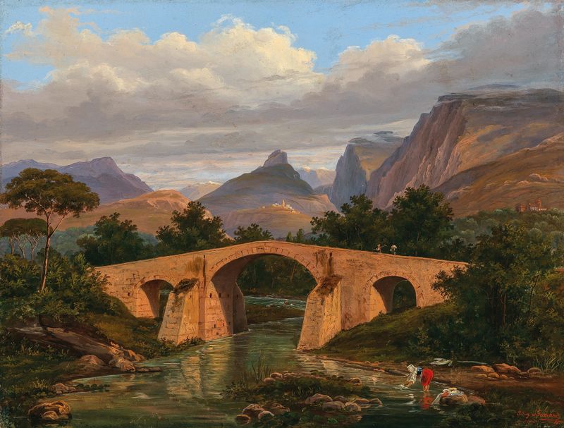 Ponte di Battipaglia tra Salerno e presso R; di napoli, óleo sobre lienzo de Eugène von Guérard