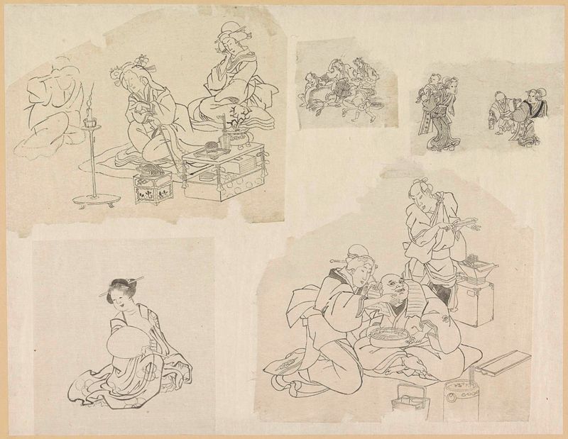Ukiyo-e de Katsushika Hokusai retratando pessoas em várias situações.