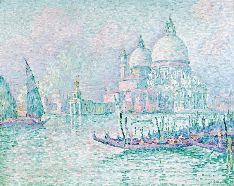 Pintura a óleo do Pós-Impressionismo de Paul Signac retratando uma vibrante cena de canal em Veneza