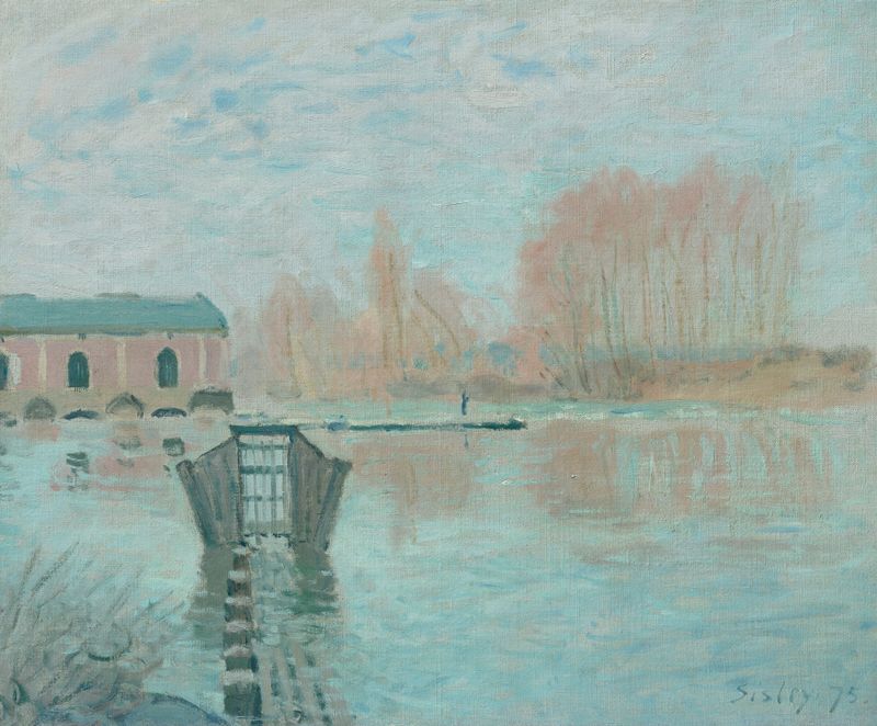La Machine de Marly et le barrage, óleo sobre lienzo de Alfred Sisley