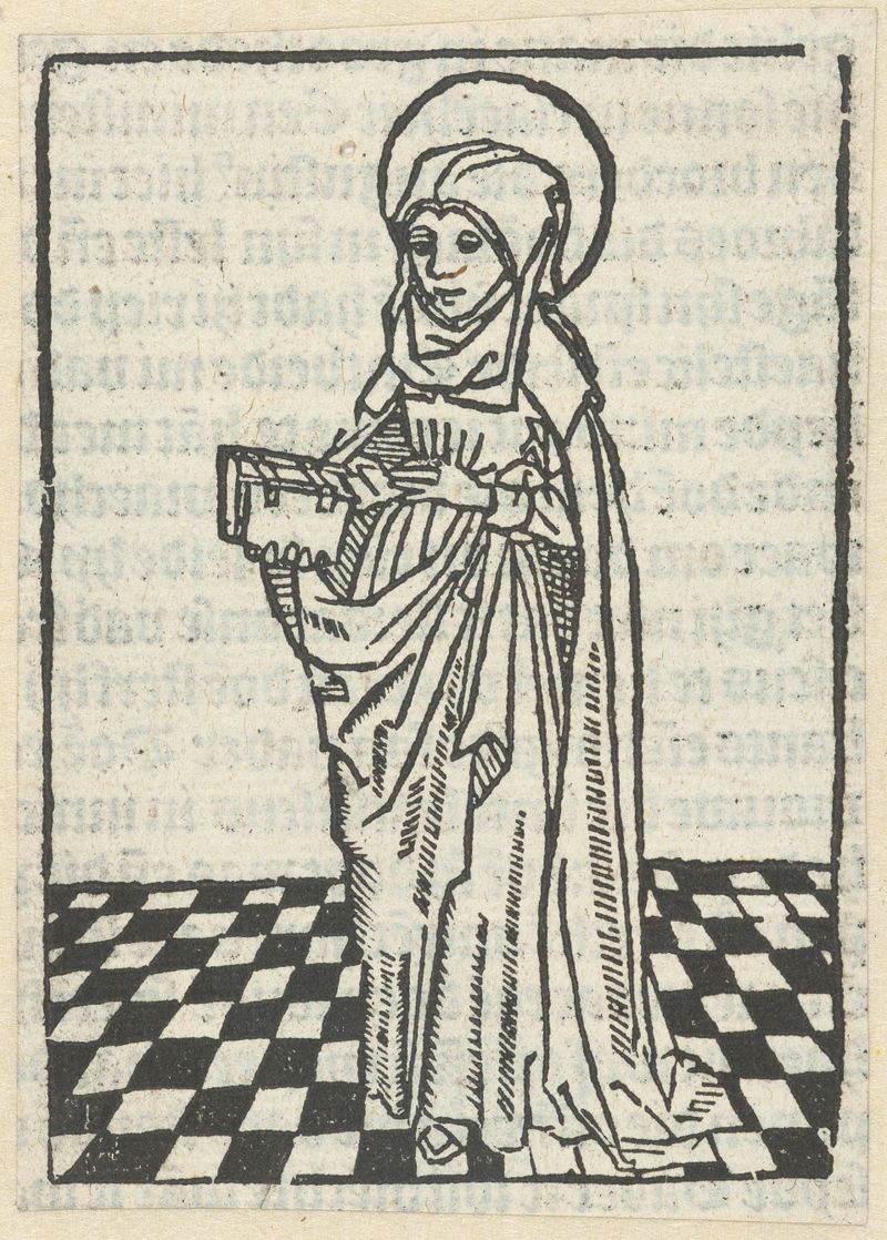 Obra religiosa em papel representando uma figura feminina em robes fluidas de Unknown Artist