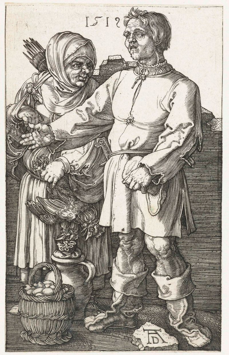 Gravura de Albrecht Dürer mostrando um casal no mercado, 1519