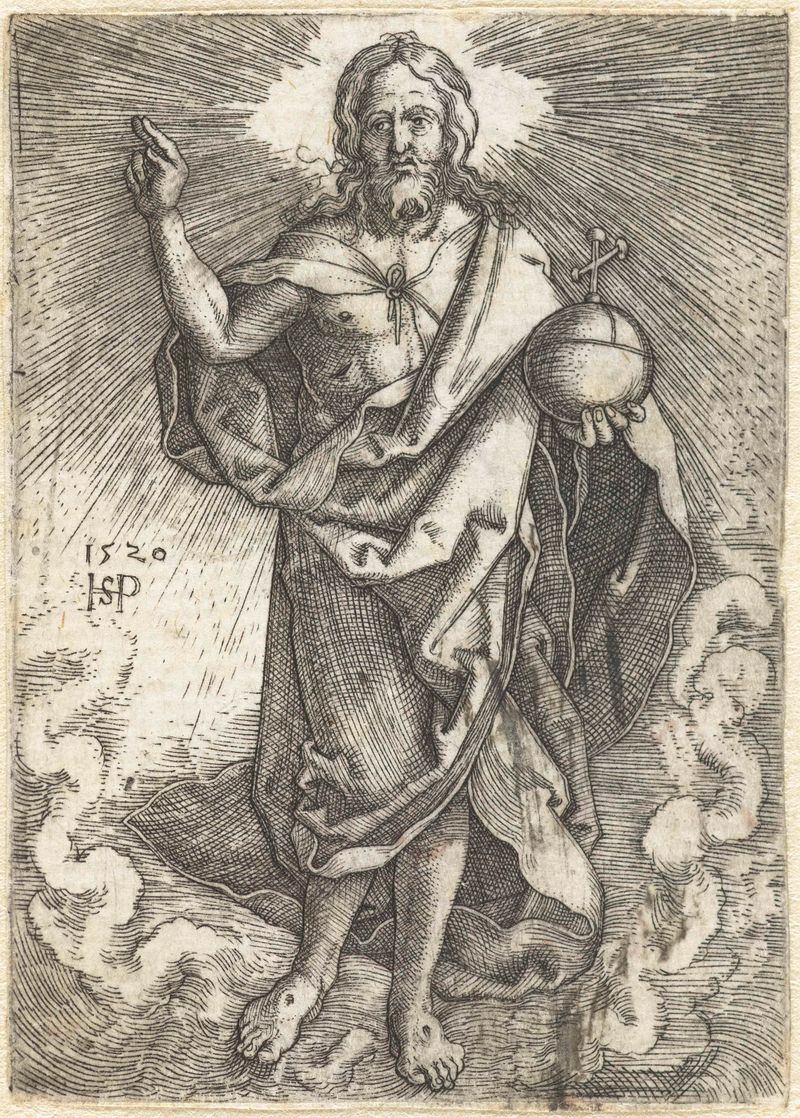 Gravura de Hans Sebald Beham representando Cristo como Salvator Mundi com vestes iluminadas.
