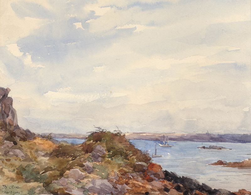 Marine scene with boats on shimmering water by Jean-Baptiste Olive, oil painting