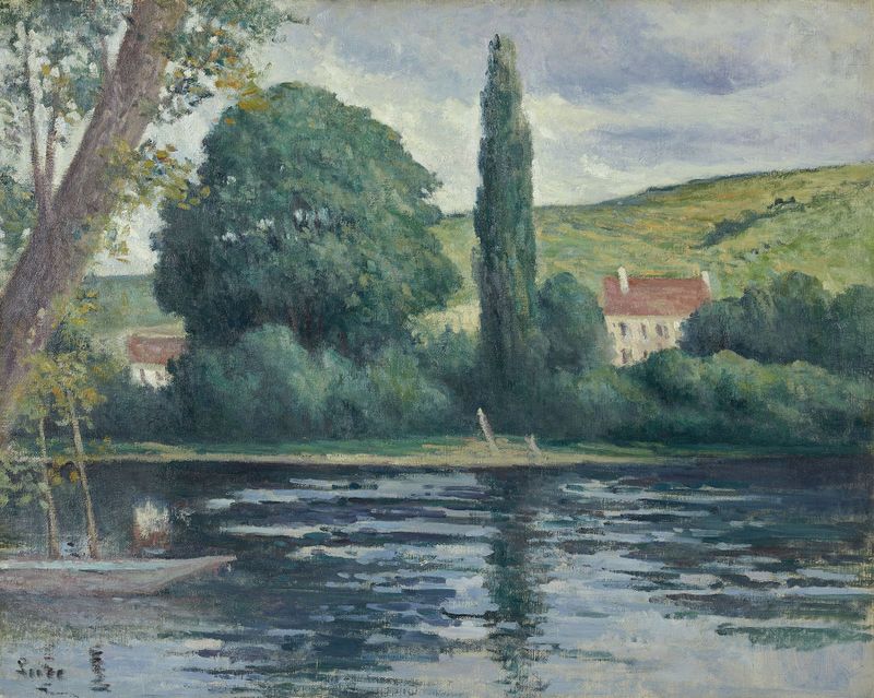 La Seine à Vernonnet de Maximilien Luce, óleo sobre tela que retrata uma paisagem fluvial com reflexos.